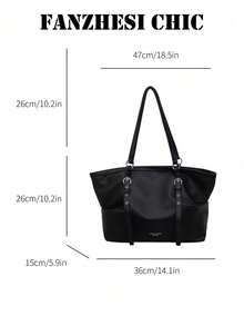 Minimalist Tote Bag With Lychee Textured PU Fabric, Metal Ring Buckle, Adjustable Long Handle, Open Top, Loose Soft Body, Large Capacity, Practical And Versatile, For Women, Campus, Commute, Daily Outings, Handbag, Shoulder Bag - Black - View 2