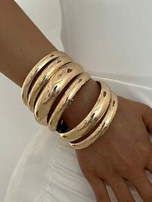 6pcs Multi-Layer Stackable Fashion Minimalist Elegant Exquisite Vintage Design Asymmetrical Texture Glossy Surface Minimalist Plain Metal Geometric Round Chunky Bangle Bracelet Set, Holiday Vacation Party Date Gift, Daily Commute Wear, Personalized - Yellow Gold - View 3