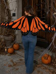 Apperloth A Vintage Knit Cardigan Sweater Tops Butterfly Pattern Asymmetrical Hem Batwing Sleeve Loose Crop Top Fall Daily Going Out Halloween Costume For Women - Black and Orange - View 2