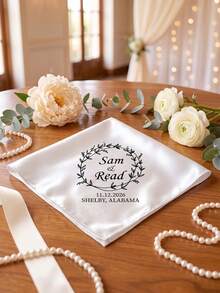 1pc Custom Text Wedding Handkerchief With Botanical Wreath Print, Personalized Couple Meaningful Bridal Keepsake Gift For Wedding Day Souvenir Favor - Multicolor - View 4