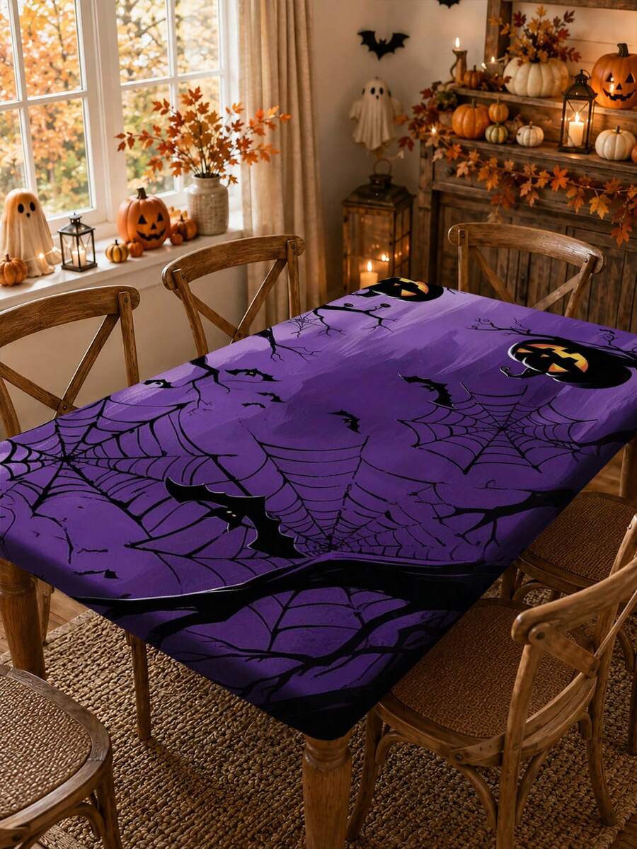 1pc Wrinkle-Resistant Rectangular Halloween Theme Elastic Tablecloth, Pumpkin Bat Ghost Halloween Print Tablecloth, Reusable Party Tablecloth, Suitable For Outdoor Patio Dinner, Halloween Garden Party, Outdoor Autumn Holiday Decor - A - View 1
