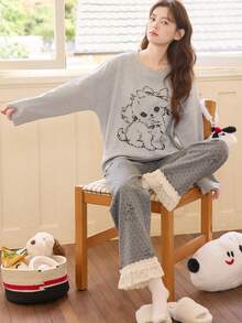 2pcs Women's Pajama Set, Pullover Round Neck Cute Animal Print Minimalist Long Sleeve Cropped Pants, Suitable For All Seasons - Grey - View 8
