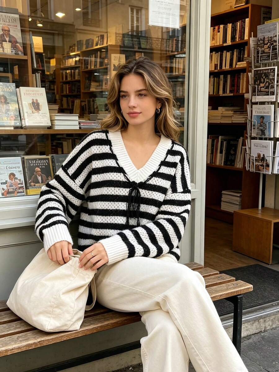 New Style Striped And Multicolored Lace V-Neck Long-Sleeved Plus Size Women's Knitted Sweater For Autumn And Winter - Multicolor - View 1