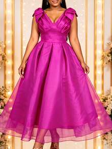 Elegant Women Fuchsia A Line Maxi Dress Deep V Neck Shoulder Bow Pleated Waist Formal Wedding Guest Evening Gown - Rose Red - View 6