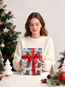 2/1 Roll Of Christmas Gift Wrapping Paper, Featuring A Calf Wearing A Wreath Pattern;Perfect For Christmas Gift Wrapping,Holiday Party Decor,Home Festive Decoration,DIY Craft,Festive Favour Wrapping Dimensions: 43 Cm X 300 Cm. - A - View 3
