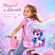 3pcs/Set Girls Cartoon Unicorn Floral Blue Wings Adjustable Shoulder Strap Zipper Closure Cute Style Backpack Set, Suitable For Back To School And Daily Outings - Pink - View 1