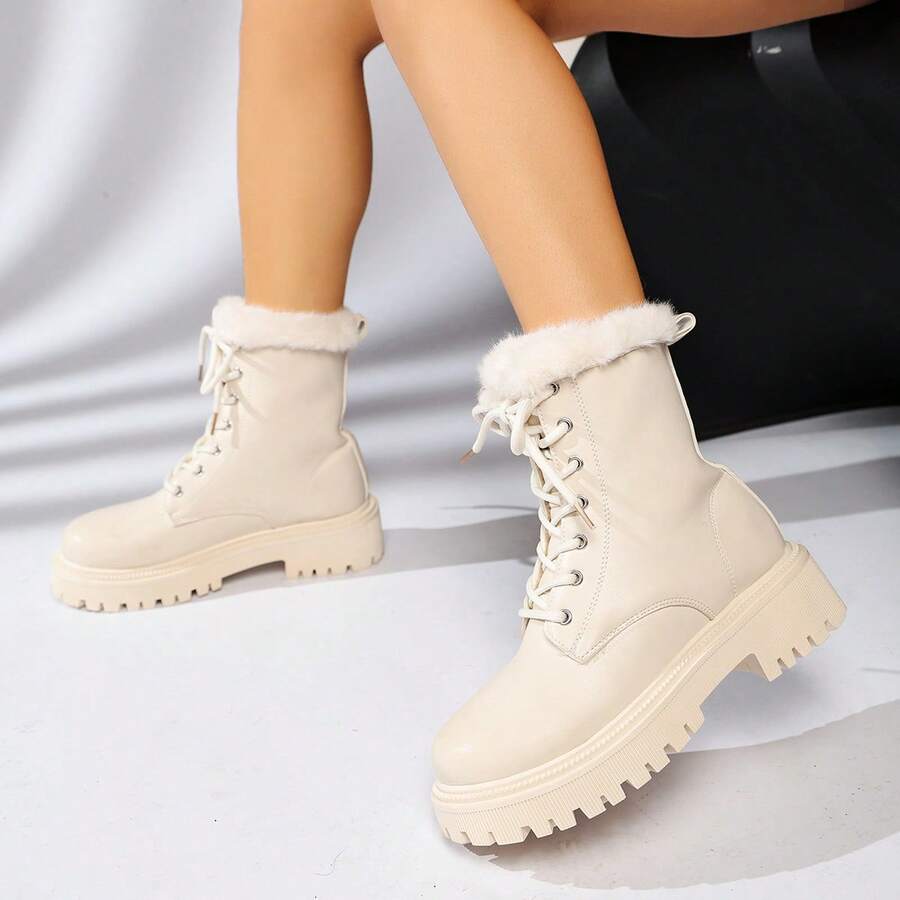 Women's Ruched Shiny Leather Lace-Up Ankle Boots With Side Zipper, Thick Sole, Round Toe, Chunky Heel, Black Retro Motorcycle Boots, Autumn/Winter