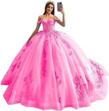 Vestidos de Quinceañera con Hombros Descubiertos, Talla Grande, Vestido de Encaje con Apliques Dulces 15 16, Fiesta de Graduación, Boda, Cumpleaños - Rosa encendido - Ver 1