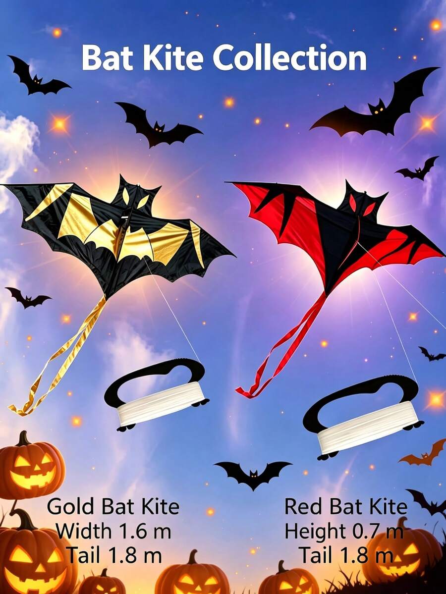 Halloween Bat Kite 1.6m, Large Bat-Shaped Long Tail Kite, Easy To Fly In Light Wind, Includes Handle And Flying Line, Suitable For Beginners, Outdoor Beach Park Holiday Party Use