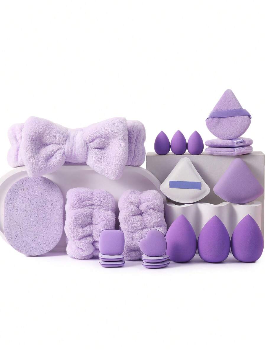 21Pcs Purple Cosmetic Sponges Triangle Powder Puffs Finger Puffs Bow Hairband Ultra Soft For Foundation Concealer Powder Blending Makeup Tool Kit For Beginners - Purple - View 1