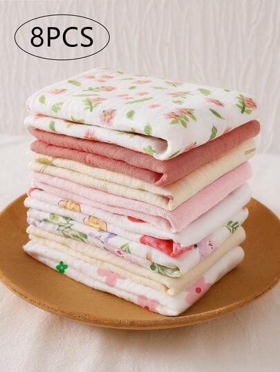 8pcs Comfortable Soft Double-Layer Hemmed Pure Cotton Baby Bibs, Wipes, Feeding Cloths, Multi-Purpose Towels, Cartoon Print, Suitable For Boys And Girls, All Seasons
