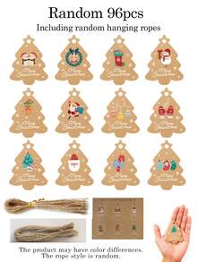 96pcs Vintage Christmas Tree Shaped Slogan Pattern Gift Tags With Rope, Santa Claus And Snowman Pattern Paper Gift Decoration Labels, Suitable For Christmas Party Gifts, Christmas - Christmas Tree Shape - View 10