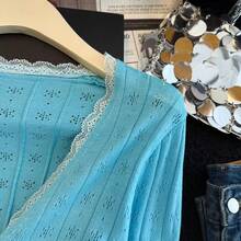 Blue Long Sleeve V-Neck Short Sweet Style Hollow Out Jacquard Knit Cardigan Women Top - Mint Blue - View 6