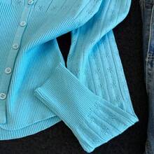 Blue Long Sleeve V-Neck Short Sweet Style Hollow Out Jacquard Knit Cardigan Women Top - Mint Blue - View 10