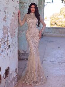 Faeriesty Women's Luxury Evening Gown - High Neck Mermaid Style Evening Dress With Shell Trim And Sequin Embellishments Fall Wedding Party - Champagne - View 5