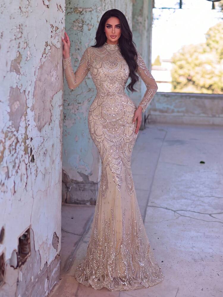 Faeriesty Women's Luxury Evening Gown - High Neck Mermaid Style Evening Dress With Shell Trim And Sequin Embellishments Fall Wedding Party - Champagne - View 2