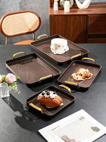 Walnut Wood Grain Tray, Thickened PET Rectangular Tray With Handles, Plastic Storage Tray, Suitable For Tea Cups, Water Cups, Snacks, Fruits, Dried Fruits, Candy Storage - Wood Grain - View 4