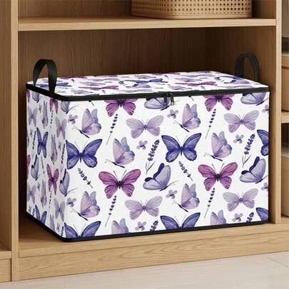 1 Stück Aquarell lila Schmetterling Lavendel Muster Reißverschluss Aufbewahrungsbox, rechteckiger Stoff Aufbewahrungskorb mit Griffen, Kleidung Wäsche Kleinkram Organizer für Schlafzimmer Kleiderschrank Zuhause