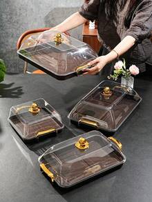Walnut Wood Grain Tray With Cake Cover, Thickened PET Rectangular Tray With Handle And Cake Dome, Plastic Storage Tray, Suitable For Tea Cups, Water Cups, Snacks, Dried Fruits, Fruits Storage Tray, Serving Tray - Wood Grain - View 5