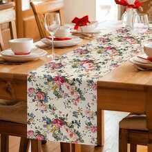 1pc Vintage Pink Rose Mixed Wildflower Print Table Runner, French Country Style Polyester Stiff Fabric, Party Dining Accessory, Farmhouse Dining Table Decor, Suitable For Kitchen Table, Coffee Table, Cabinet, Party, Wedding, Holiday Decoration - Multicolor - View 3