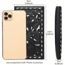 Vintage Genuine Leather Wallet For Women Western Cowgirl Floral Embossed Top Layer Cow Leather 13 Card Slot Checkbook Wallet - Black - View 4