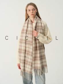 1pc Women's Vintage Fashionable Dual-Color Plaid Casual Versatile Polyester Scarf, Warm For Autumn/Winter Daily Wear - Khaki - View 3
