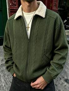 Sherpa-Fleece Autumn/Winter Lapel Jacquard Textured Zipper Front Fashion Versatile Jacket - Army Green - View 1