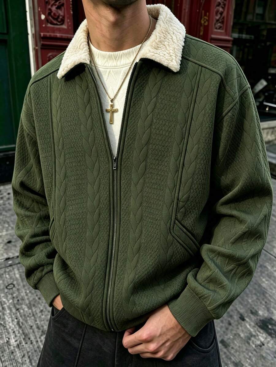 Sherpa-Fleece Autumn/Winter Lapel Jacquard Textured Zipper Front Fashion Versatile Jacket - Army Green - View 1