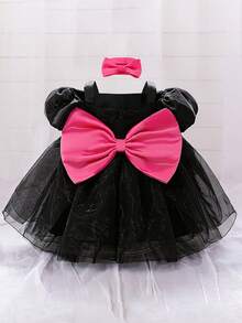 Baby Girls Big Bow Design Black Organza Cute Halloween Party Princess Dress Suitable For Ball, Does Not Include Headband And Handbag - Multicolor - View 6