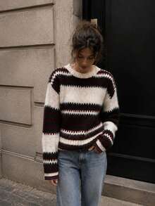 Women's Burgundy Stripe Knitted Drop Shoulder Sweater, Long Sleeve Round Neck Relaxed Fit Top For Winter And Fall Red - Red - View 4