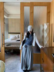 Women's New Autumn Ruffle Hem Premium Lazy Casual Sweatpants, Draped Slimming Wide Leg Straight Pants - Grey - View 3