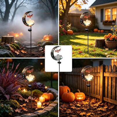Solar Powered Crescent Moon Ghost Garden Stake Light, Halloween Outdoor Yard Ornament With BOO Letter & Spider Web Detail, Path Decor Light