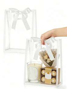 12-Packs Clear Gift Bags With White Trim And Satin Ribbon Bows; Reusable PVC Tote Bag For Weddings, Bridal Showers, Birthday Gift Wrapping,Elegant Gift Packaging; For Displaying Flowers In Boutiques ﻿ - Transparent Gift Bag With White Trim (including Ribbon) - View 1