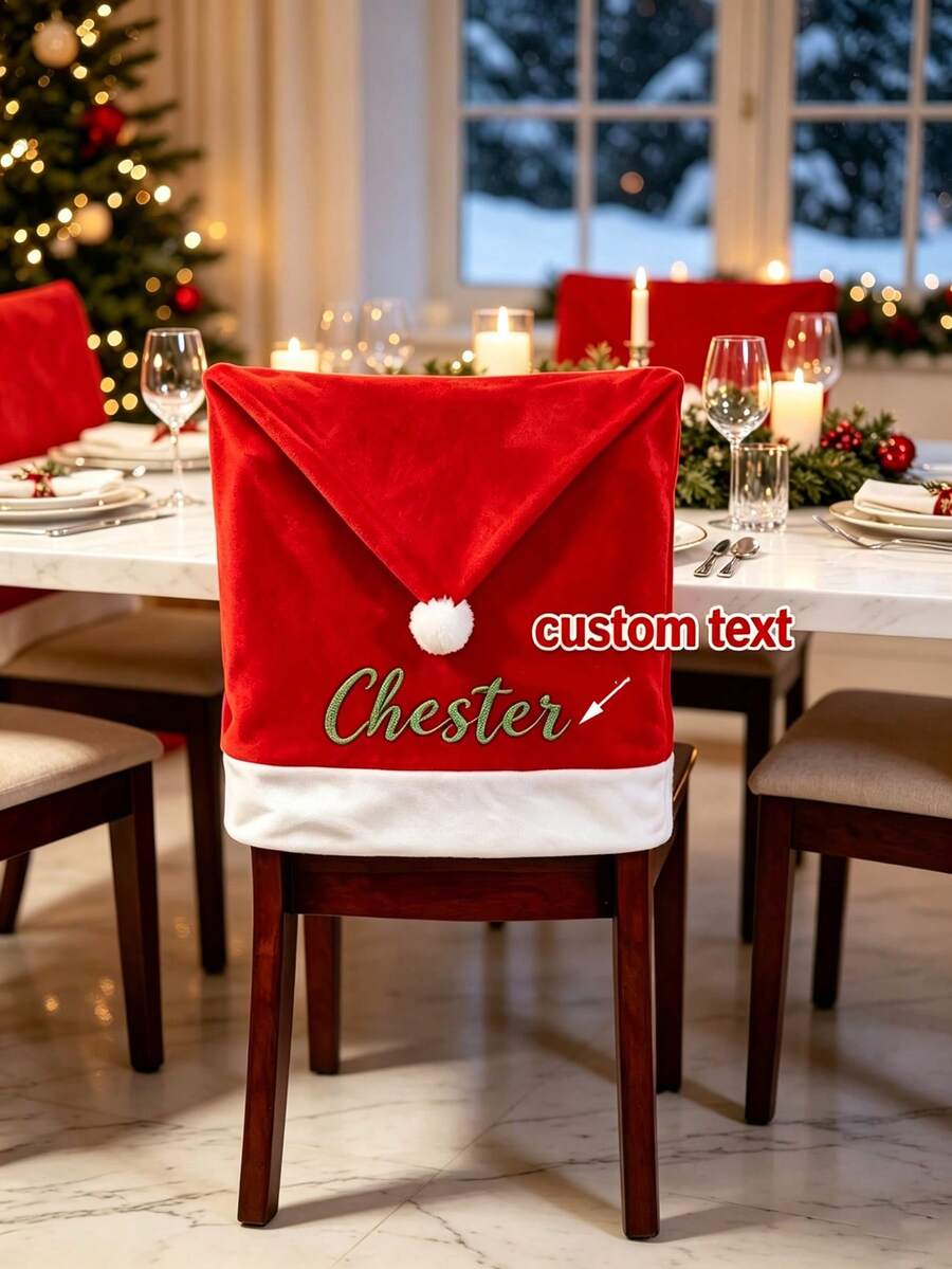 Customized Christmas Chair Covers, Customized Christmas Hat Chair Back Covers, Santa Hat Chair Covers, Personalized With Your Family Name, Suitable For Dining Room And Office Chairs - Multicolor - View 1