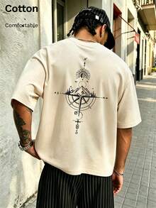 Men's Cotton T-Shirt For Autumn With Back Print Of Sun, Mountains, Compass And Geometric Patterns, Daily Street, Vacation, Casual Sports Outfits - Apricot - View 5