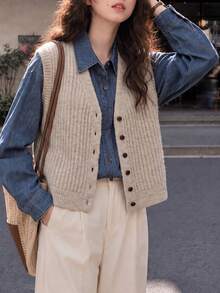 Women's Autumn Casual Minimalist Slimming Vertical Textured Knit Cardigan Vest - Oatmeal - View 1