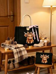 Canvas Tote Bag With Makeup Bag, Printed With Cow Pattern, Adorned With Pink Bow, Matching Makeup Bag, Shopping Bag, Foldable And Lightweight, Multi-Functional Handbag, Suitable For Commuting, Shopping, Daily Use, Party Gift, Suitable As Birthday Gift For Friends And Best Friends, Teacher's Day Gift, Back To School Gift - Multicolor - View 2