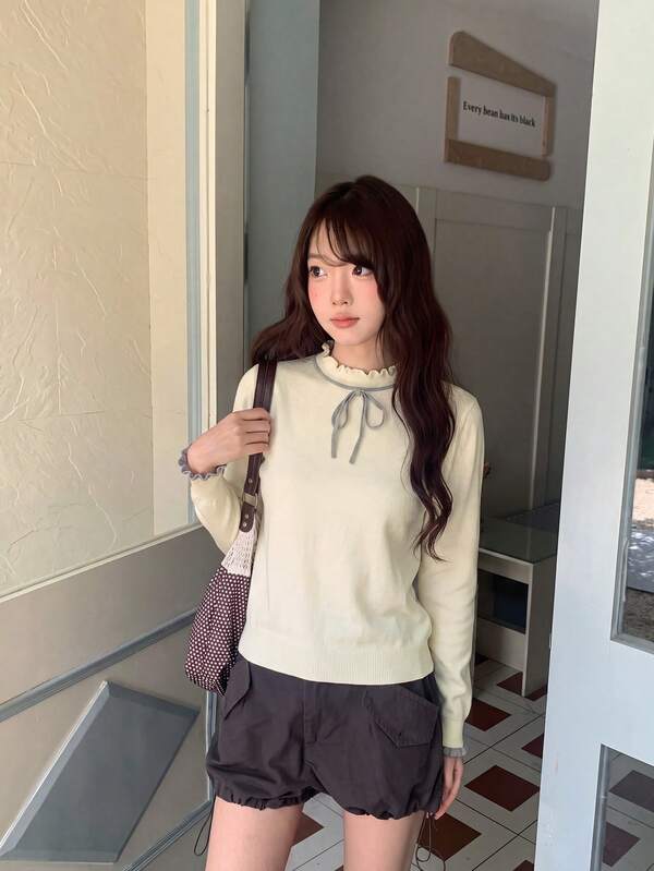 Korean Style Frill Trim Bowknot Half Turtleneck Sweater Women's Winter New Sweet Inner Layer Pullover Knit Top Fall