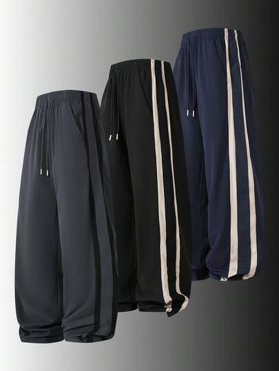 Men's Outdoor Casual Long Pants, Double Stripe Design, Ideal For Fitness, Outdoor Hiking And Back To School, Spring Sports