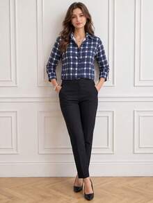 SwallowLucky Plus Size Plaid Shirt With Houndstooth Pattern, Front Button-Down, Pocket, Button-Up, Plaid Buttons, College Style, Casual Wear - Blue - View 6