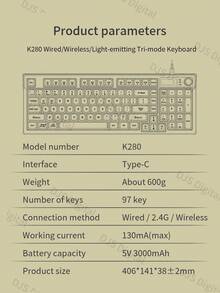 Lenovo K280 Tri-Mode Wireless Keyboard RGB Backlit 97 Keys Bluetooth 2.4G Type-C Rechargeable Keyboard Compatible With PC Laptop Tablet - View 8
