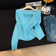 Blue Long Sleeve V-Neck Short Sweet Style Hollow Out Jacquard Knit Cardigan Women Top - Mint Blue - View 1