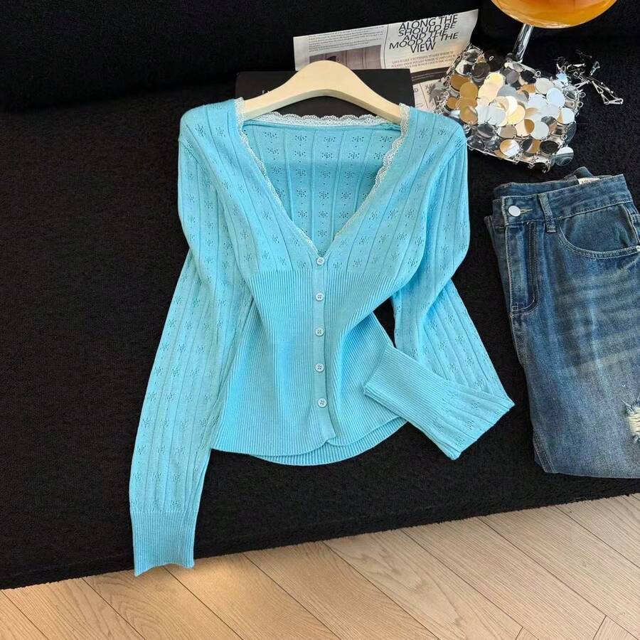 Blue Long Sleeve V-Neck Short Sweet Style Hollow Out Jacquard Knit Cardigan Women Top - Mint Blue - View 1