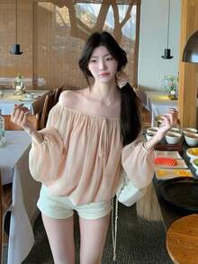 Korean Style Sweet Off-Shoulder Chiffon Blouse, Long Sleeve Women's Top For Early Autumn Pink - Pink - View 1
