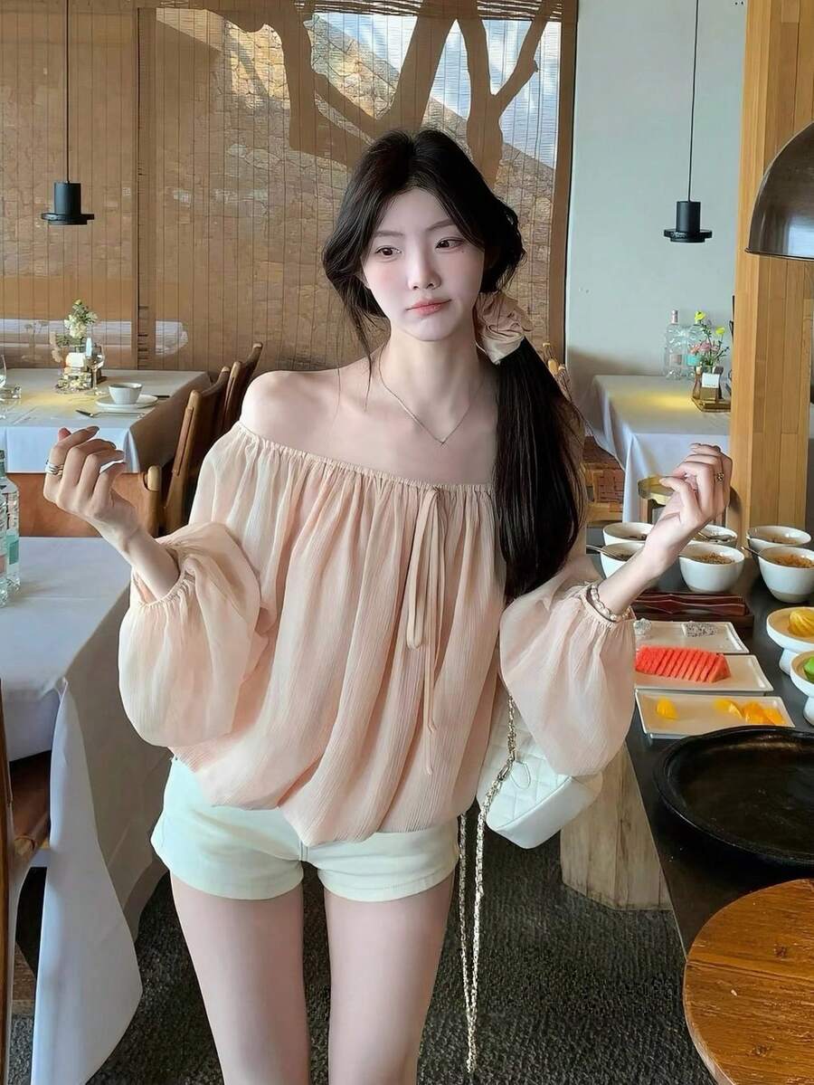 Korean Style Sweet Off-Shoulder Chiffon Blouse, Long Sleeve Women's Top For Early Autumn Pink - Pink - View 1