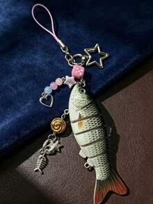 1pc Y2K Fish Pendant Beaded Keychain, Star & Heart Metal Charm, Handbag Accessory Fashion Gift, Fishing Enthusiast Ornament - Multicolor - View 2