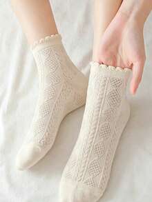 1/6 Pairs Women Solid Color Diamond Pattern Short Socks -Breathable & Comfortable WithLace Trim, Suitable For Spring/Summer, Cute Socks Random - Multicolor - View 2