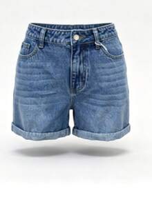 Casual Fashionable Minimalist College/Commute Style Women's Light-Colored Washed Denim Cuffed Shorts, Versatile For Daily Wear Summer - Light Wash - View 8