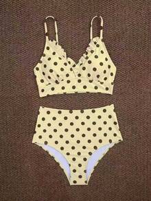 New Summer Women's Polka Dot Print Elegant 2 Pieces Bikini Set, With Ruffle Lace, Suitable For Beach Vacation - Cream - View 4