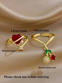 1Pc/Set Sweet Cute Cherry Charm Heart Red Zirconia Open Ring Gold Jewelry Set,For Women,Daily,Party,Anniversary,Valentine Birthday Gifts,Christmas,Y2K - Multicolor - View 4